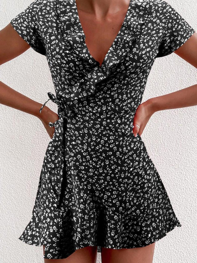 neck V Ruffled Lace up A line Dress