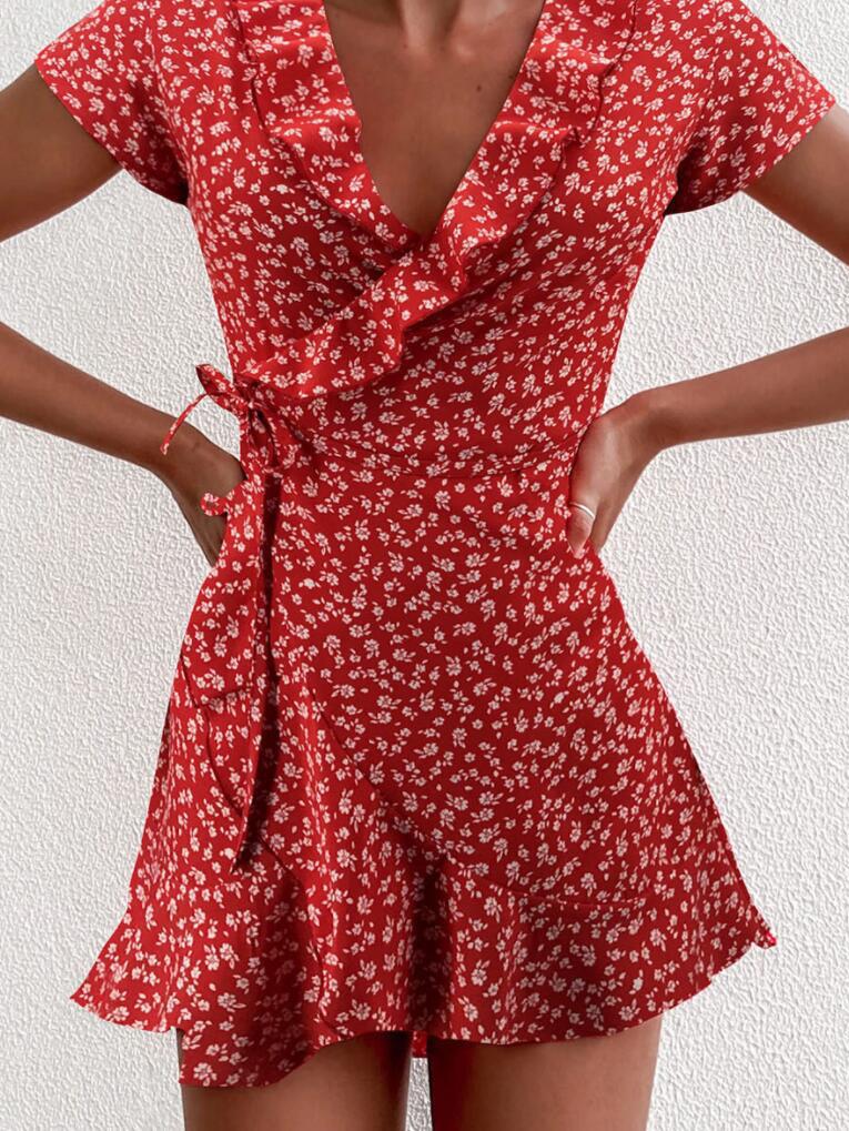 neck V Ruffled Lace up A line Dress