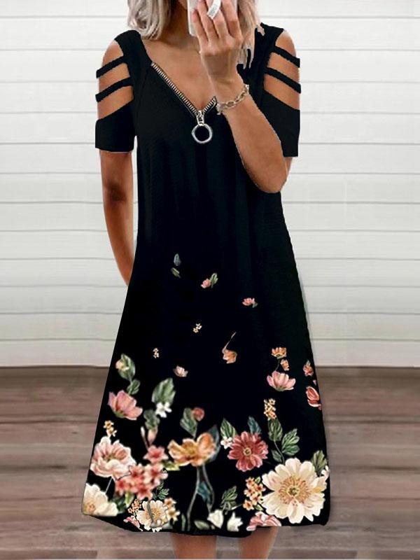 V neck Short Sleeve Laidback Zipper Loose Dress