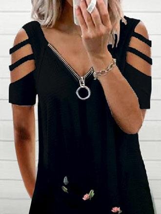 V neck Short Sleeve Laidback Zipper Loose Dress