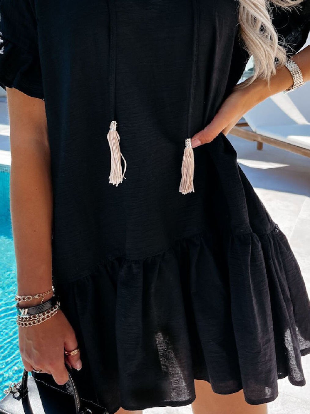neck V Short Sleeve Dangle Mini Dress