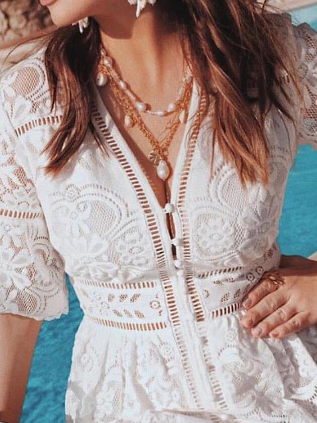 neck V Short Sleeve Hollow Lace Dress