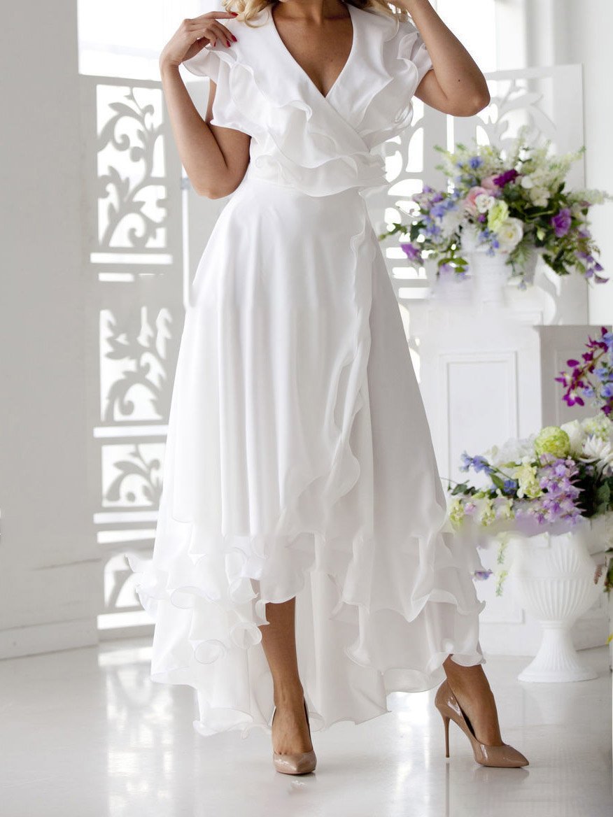 V Neck Short Sleeve Ruffled Chic Dress