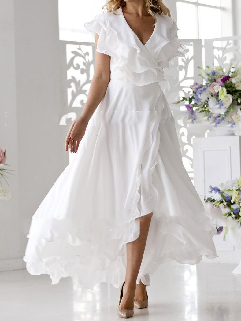 V Neck Short Sleeve Ruffled Chic Dress