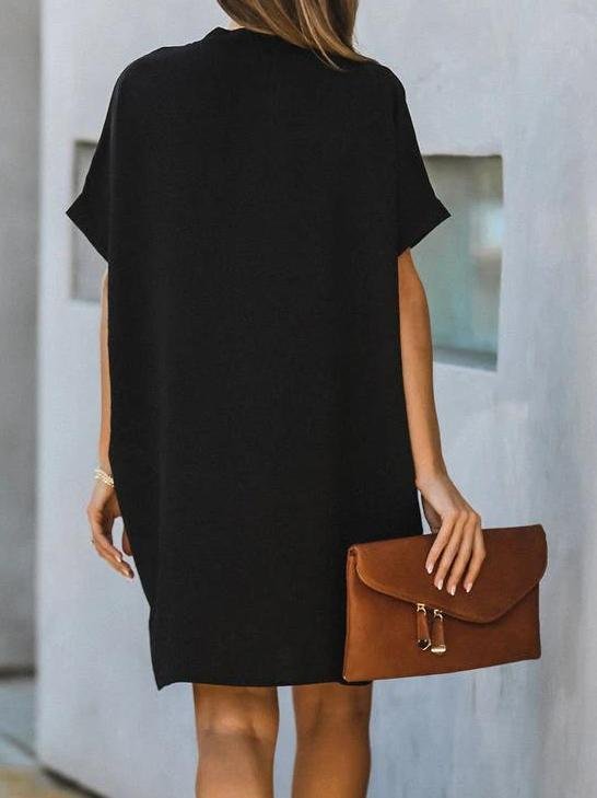 neck V Short Sleeve Solid Color Loose Dress