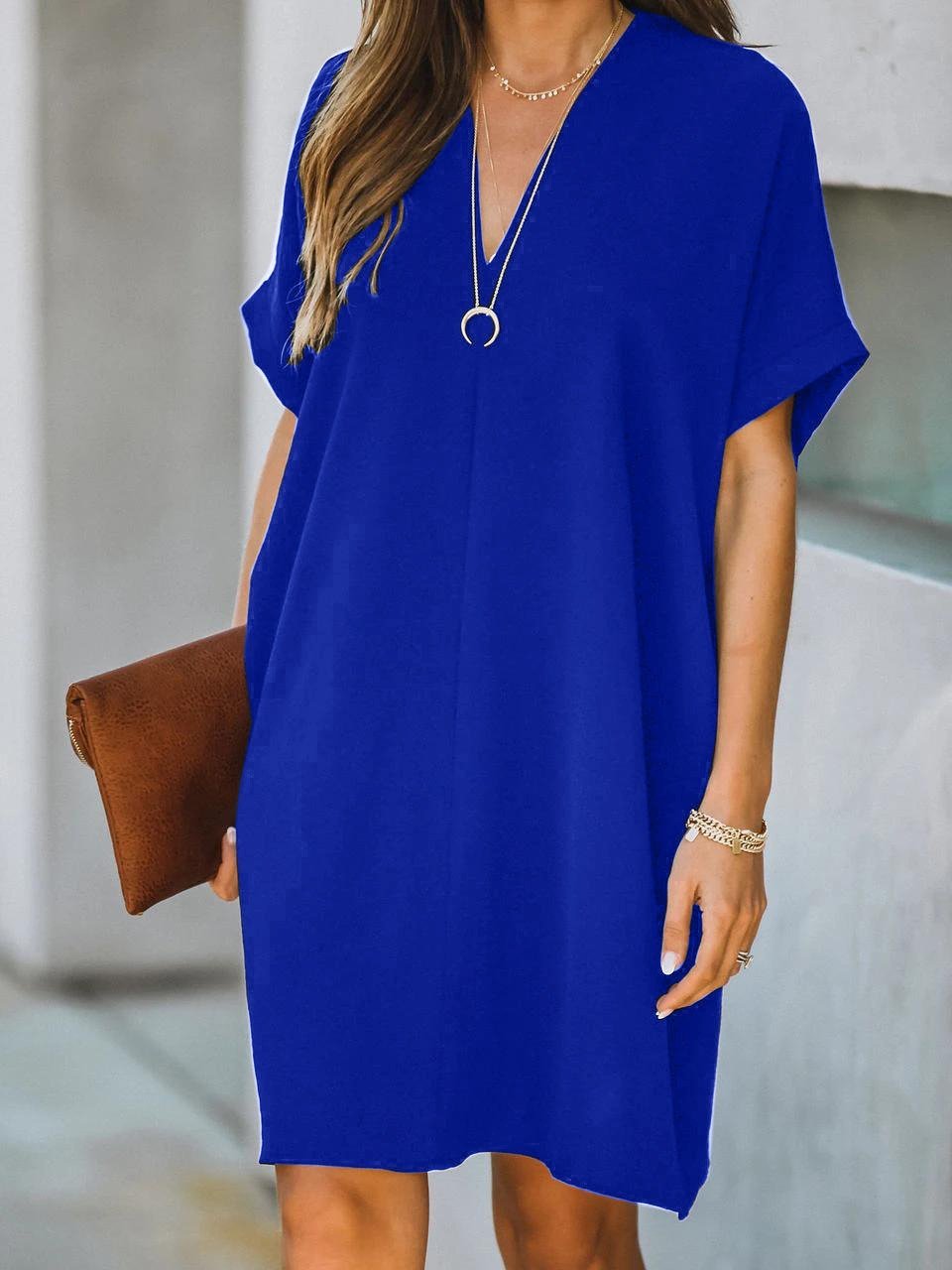 neck V Short Sleeve Solid Color Loose Dress