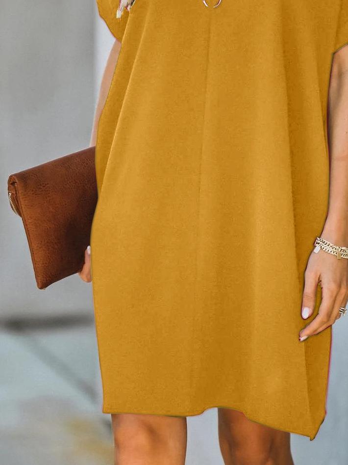 neck V Short Sleeve Solid Color Loose Dress
