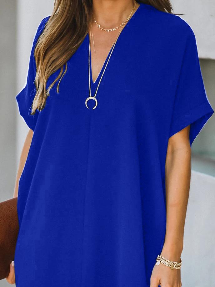 neck V Short Sleeve Solid Color Loose Dress