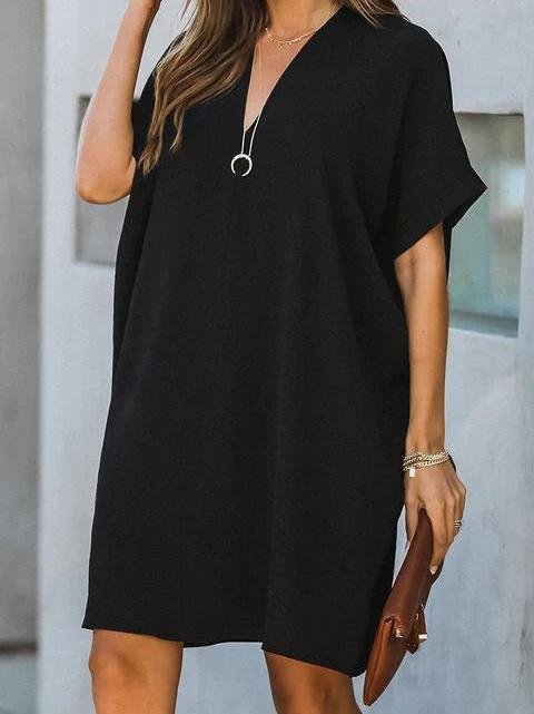 neck V Short Sleeve Solid Color Loose Dress