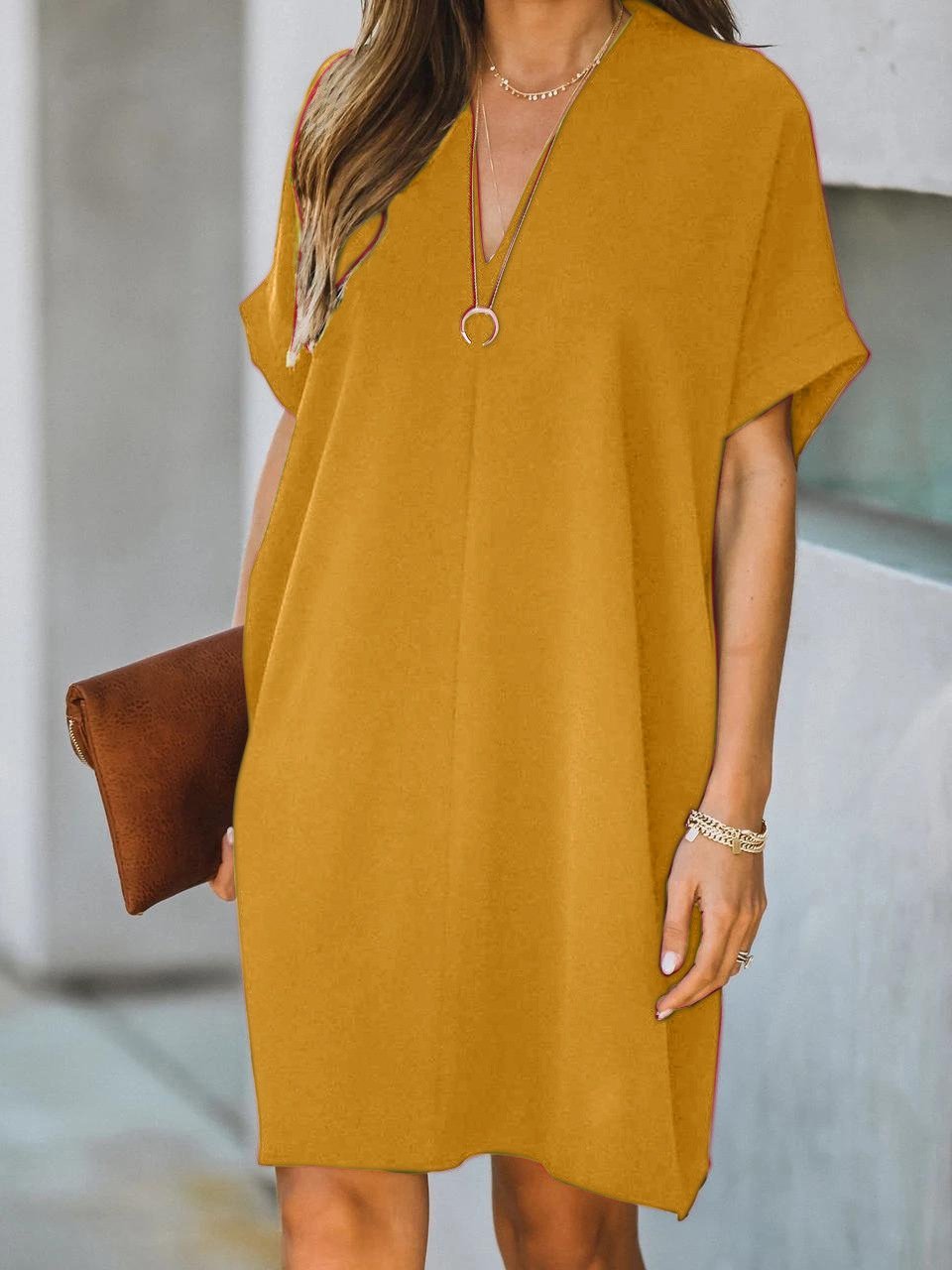 neck V Short Sleeve Solid Color Loose Dress