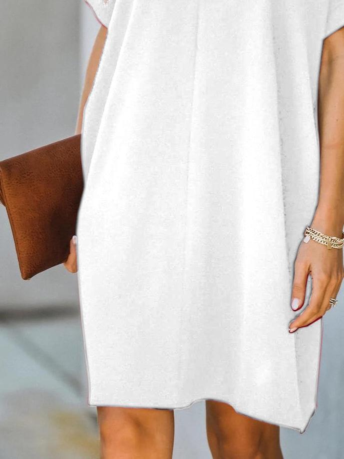 neck V Short Sleeve Solid Color Loose Dress