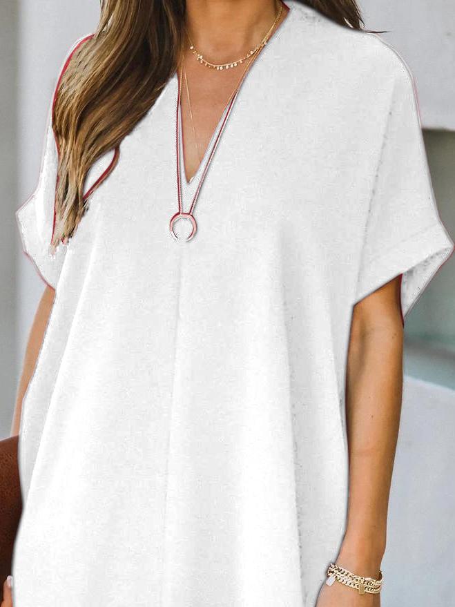 neck V Short Sleeve Solid Color Loose Dress