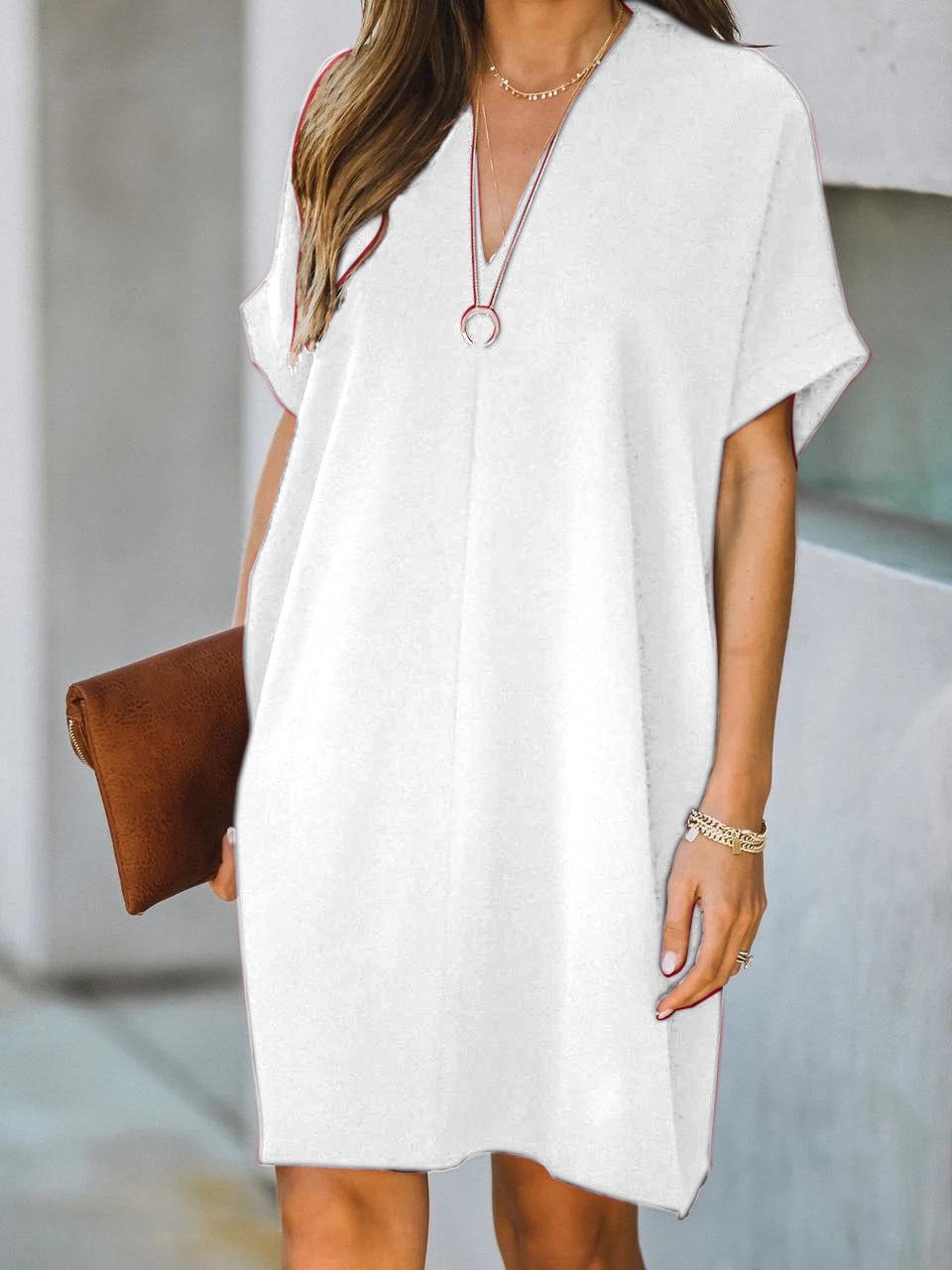 neck V Short Sleeve Solid Color Loose Dress