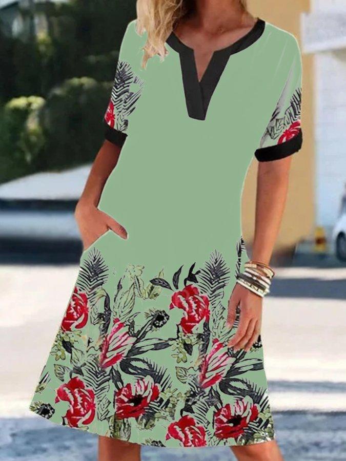 V Neck Short Sleeve Vintage Print Graceful Dress