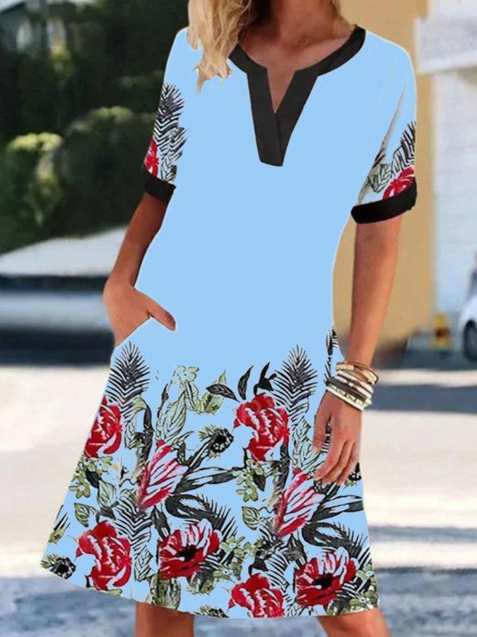 V Neck Short Sleeve Vintage Print Graceful Dress