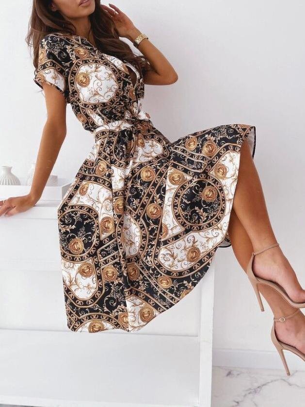 neck V Short sleeved Shirt Dress