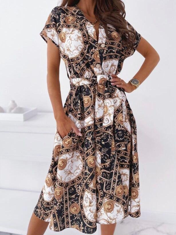 neck V Short sleeved Shirt Dress
