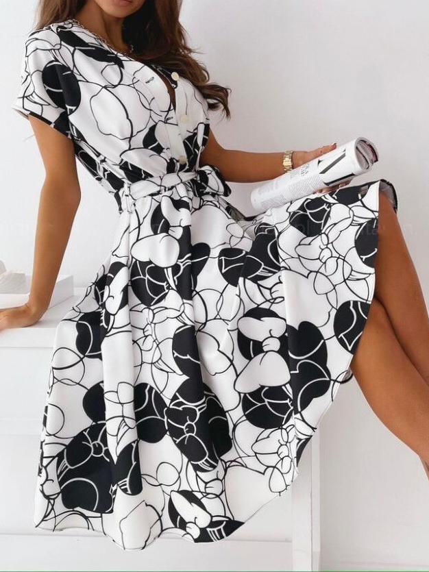 neck V Short sleeved Shirt Dress