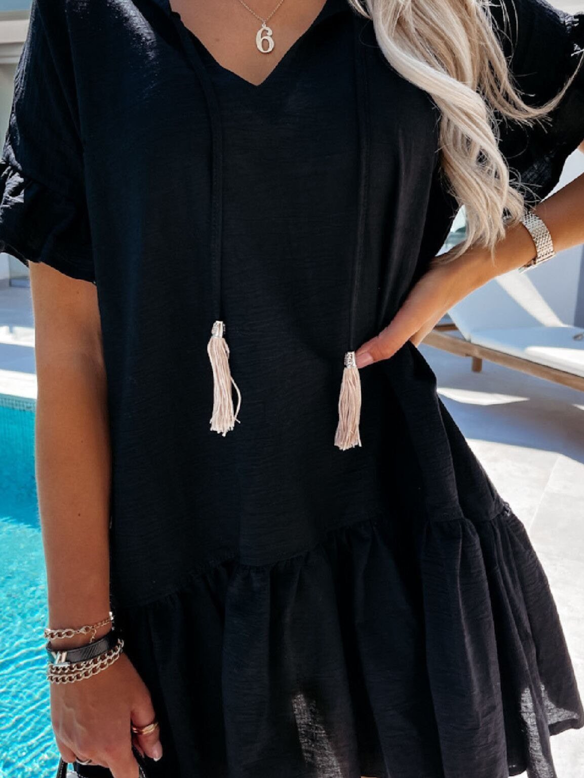 neck V Short sleeved Solid Color Short Dress