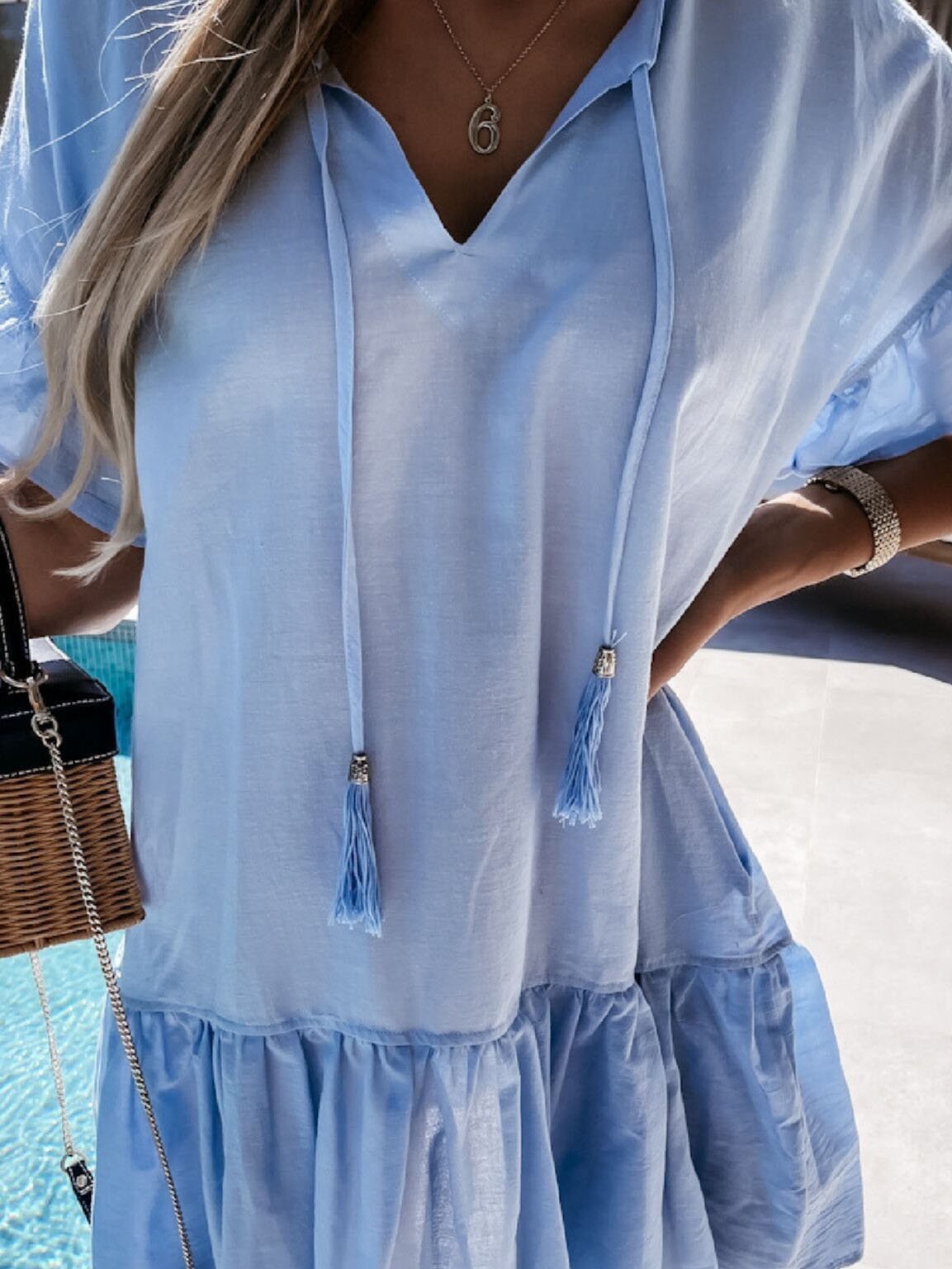 neck V Short sleeved Solid Color Short Dress