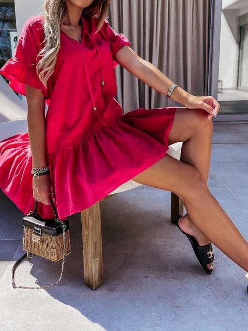 neck V Short sleeved Solid Color Short Dress