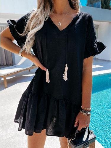 neck V Short sleeved Solid Color Short Dress