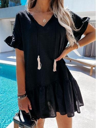 neck V Short sleeved Solid Color Short Dress
