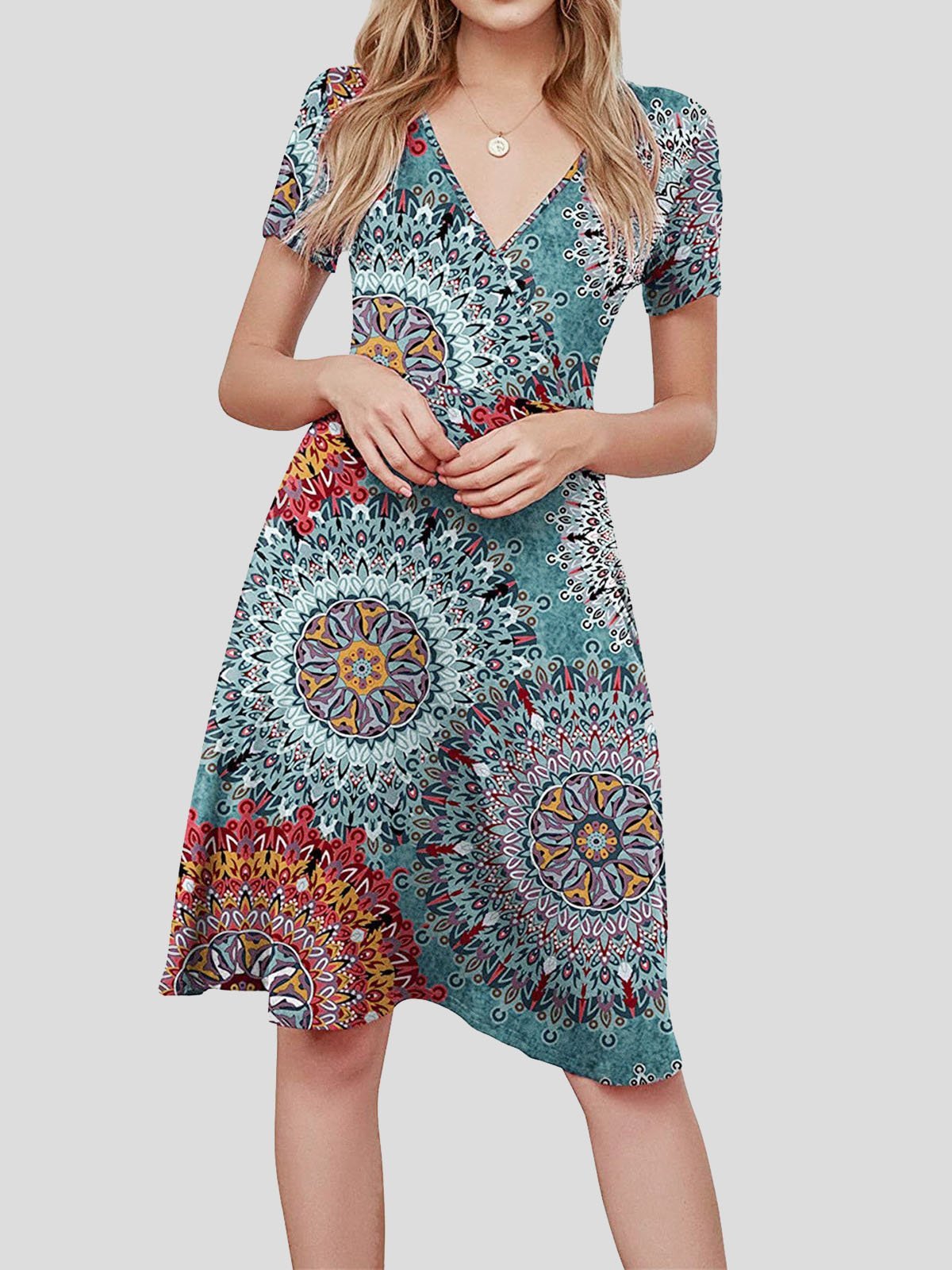 neck V Short sleeved Sun Flower Print Dress