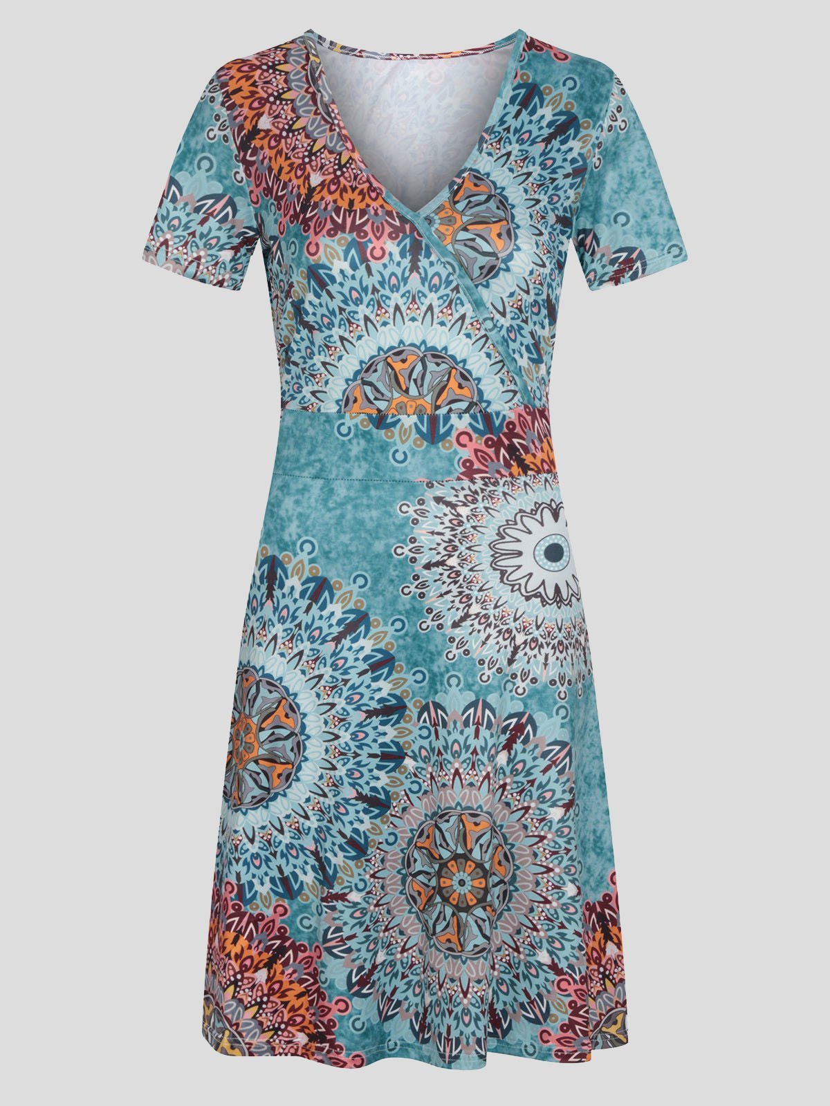 neck V Short sleeved Sun Flower Print Dress