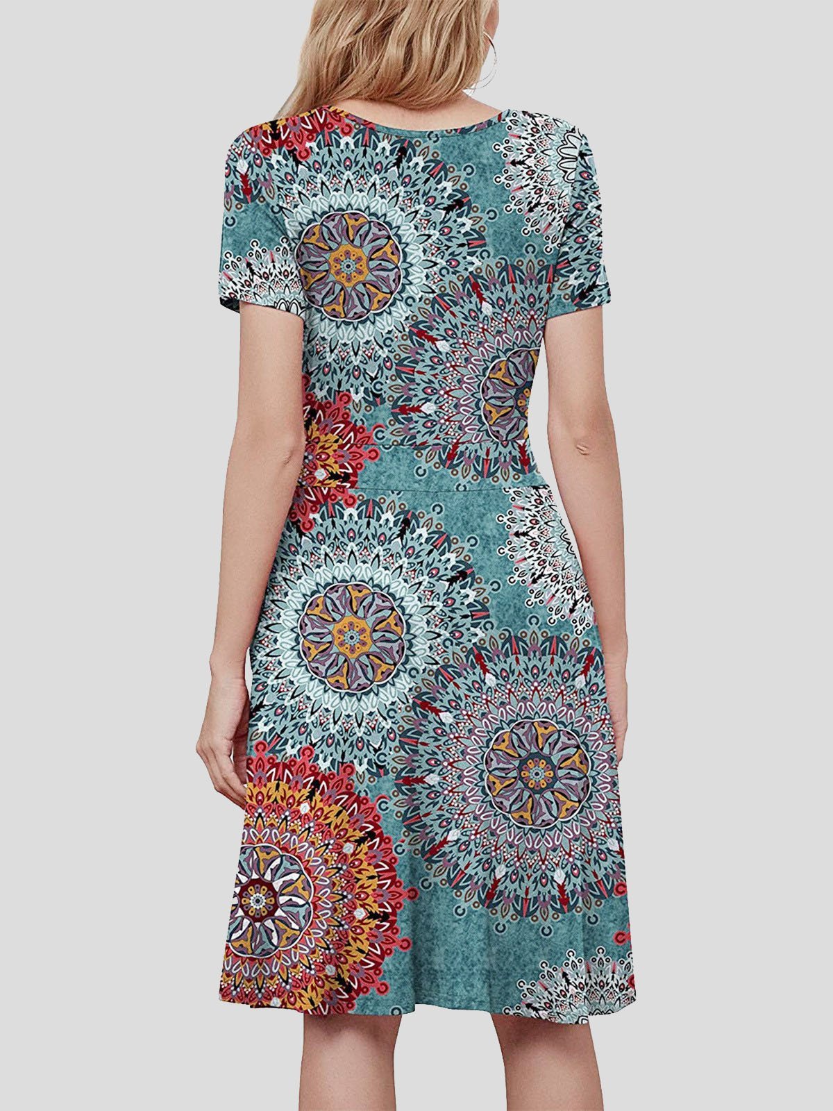 neck V Short sleeved Sun Flower Print Dress