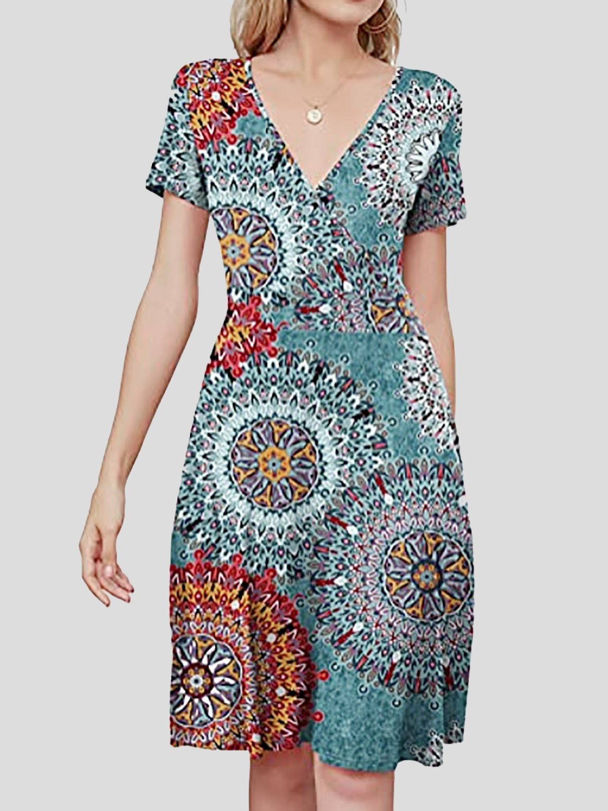 neck V Short sleeved Sun Flower Print Dress