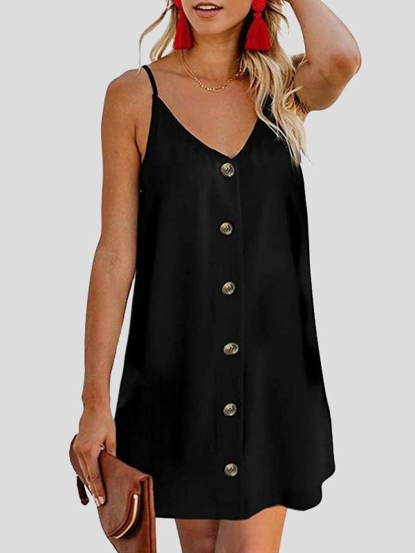 neck V Single breasted Sleeveless Suspender Dress