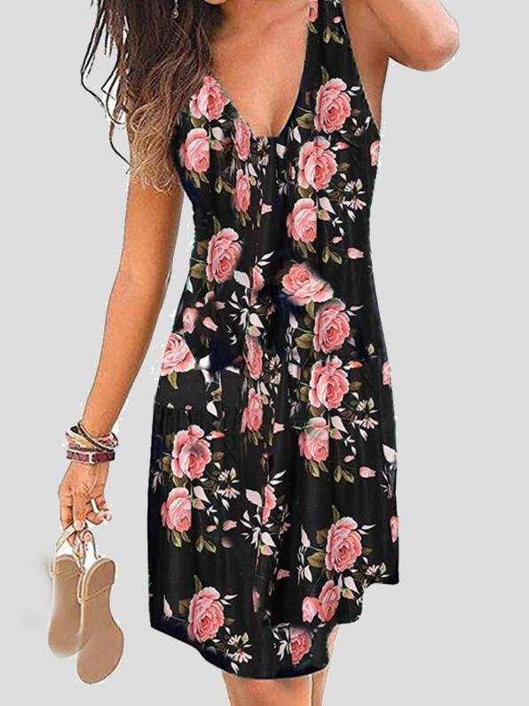 neck V Sleeveless Print Mini Dress