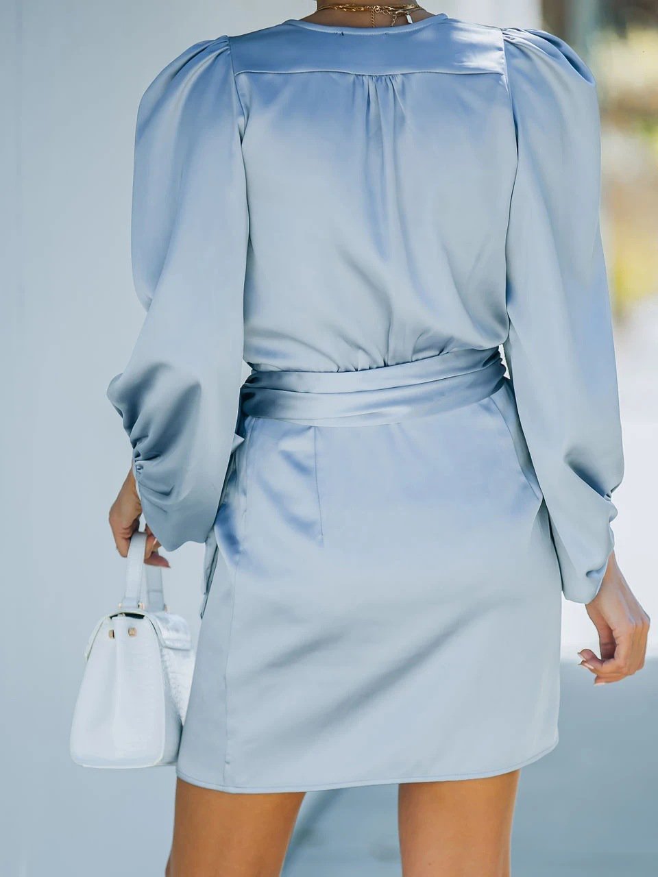 V Neck Tailored Lantern Sleeve Mini Dress