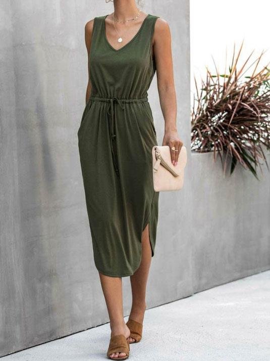 neck V Solid Color Irregular Waist Round Neck Vest Dress