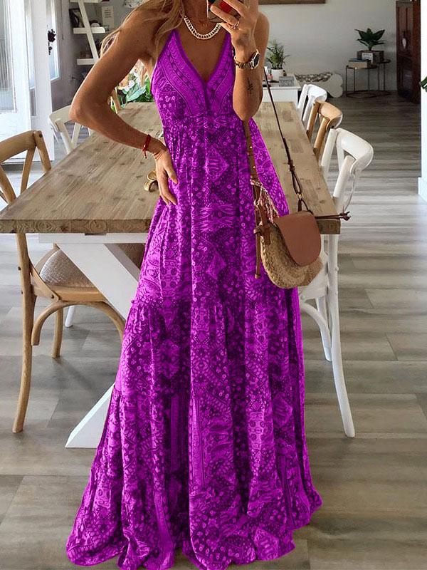 V neck Strap Bohemian Holiday Print Dress