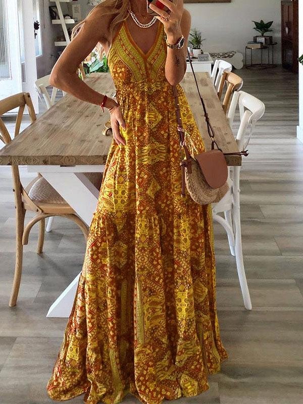 V neck Strap Bohemian Holiday Print Dress