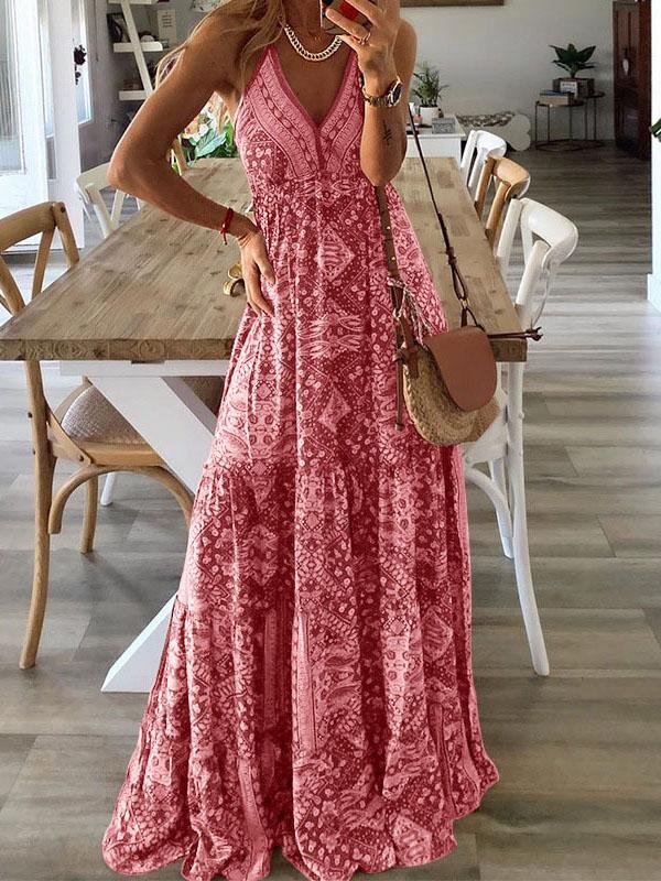 V neck Strap Bohemian Holiday Print Dress