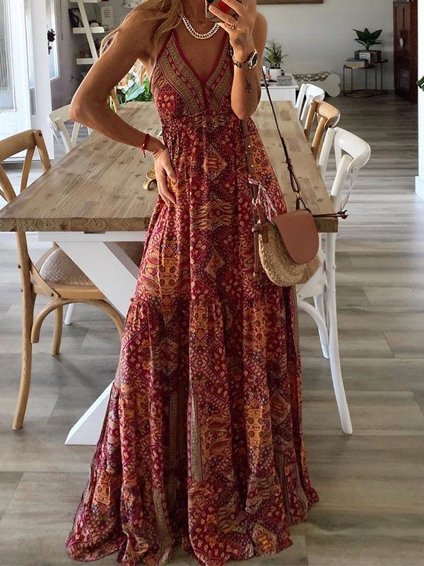 V neck Strap Bohemian Holiday Print Dress