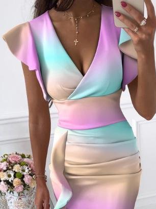 Neck V Tie Dye Print Ruffled Midi Dress