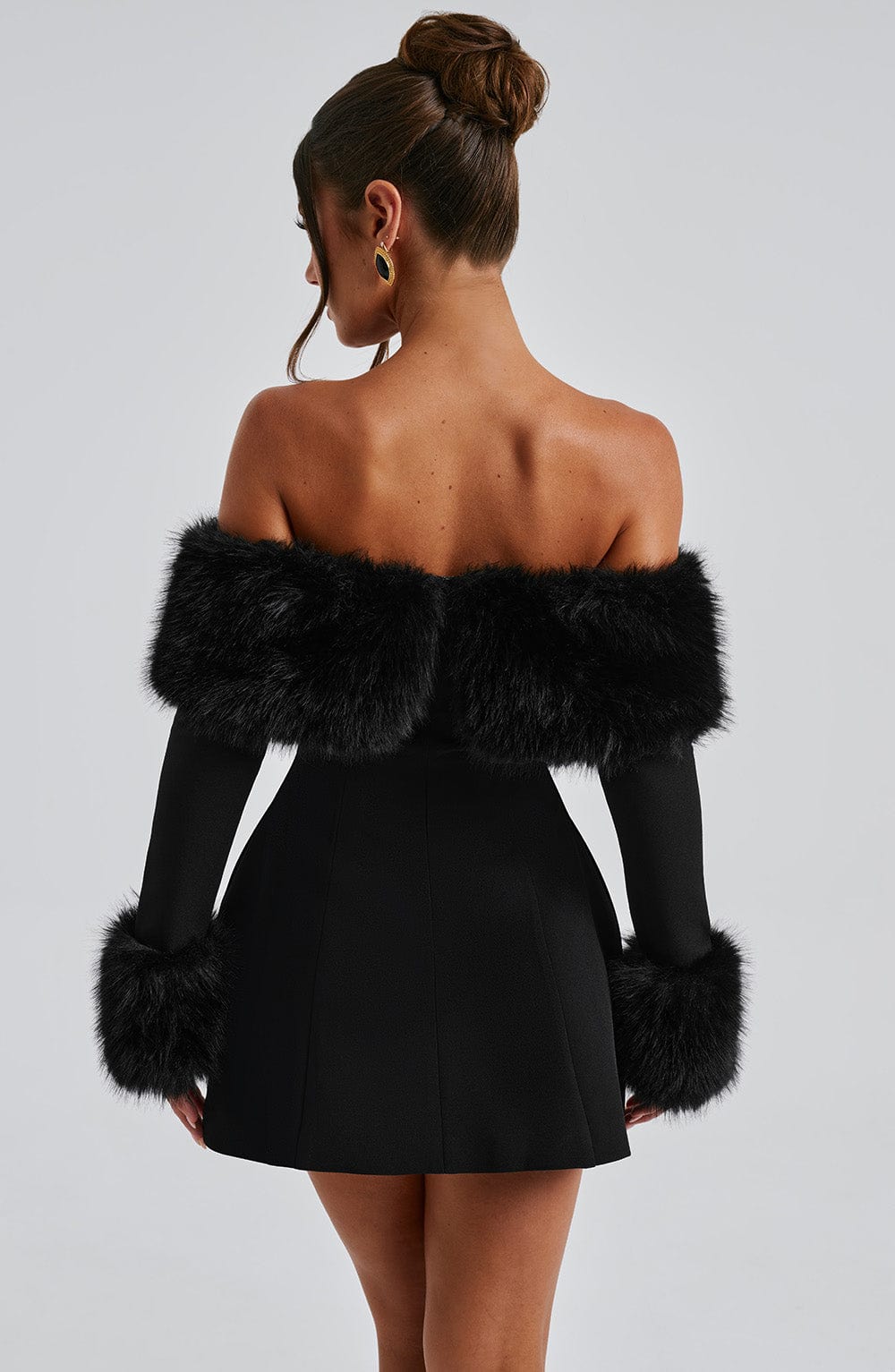 Off Rory Shoulder Fur Sleeve Mini Dress