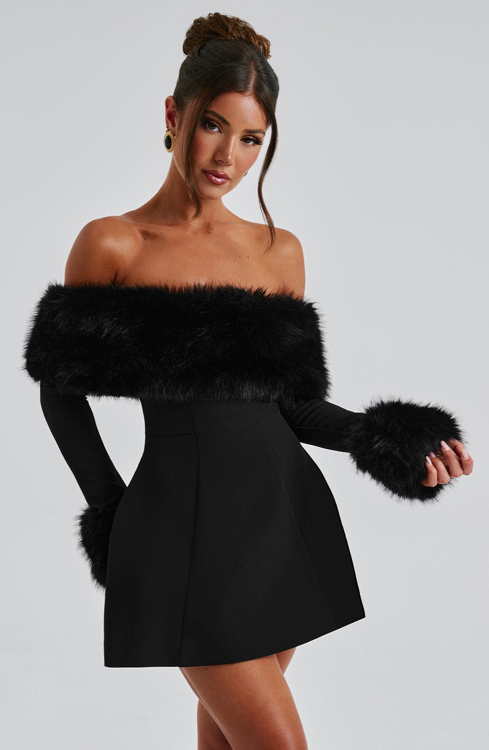 Off Rory Shoulder Fur Sleeve Mini Dress