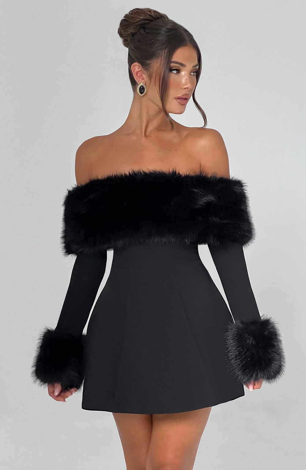 Off Rory Shoulder Fur Sleeve Mini Dress