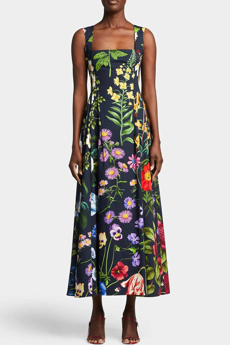 Vintage Beaded Bloom Printed Sleeveless Beach Vacation Midi Dress - Black