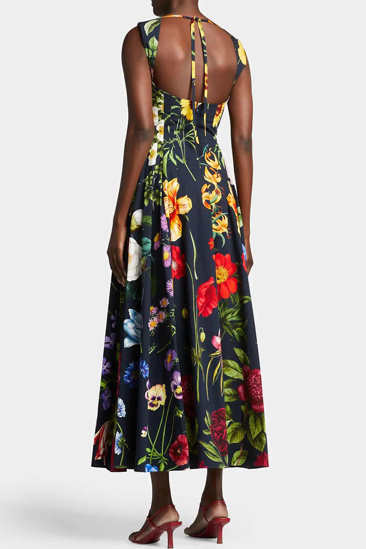 Vintage Beaded Bloom Printed Sleeveless Beach Vacation Midi Dress - Black