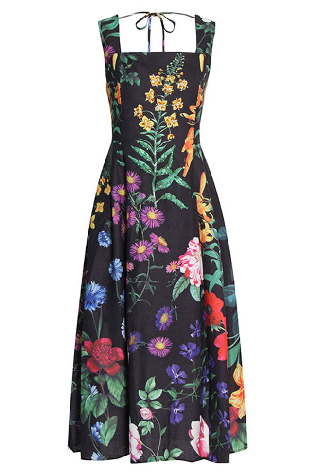Vintage Beaded Bloom Printed Sleeveless Beach Vacation Midi Dress - Black