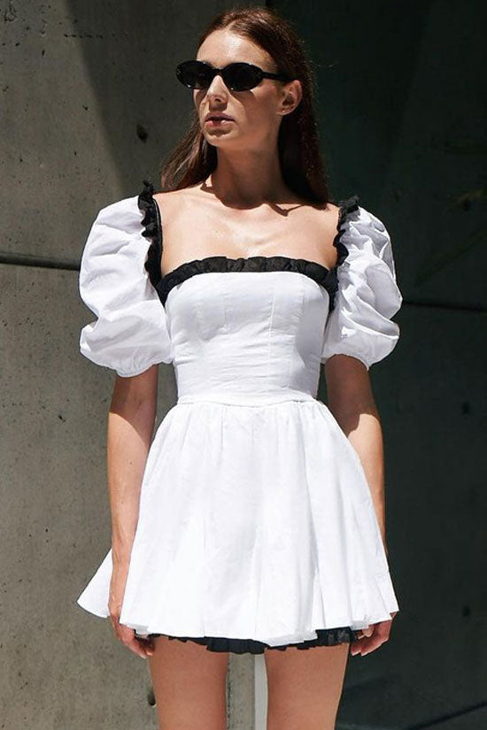 Retro Bicolor Ruffled Square Neck Puff Sleeve Fit & Flare Summer Mini Dress - White