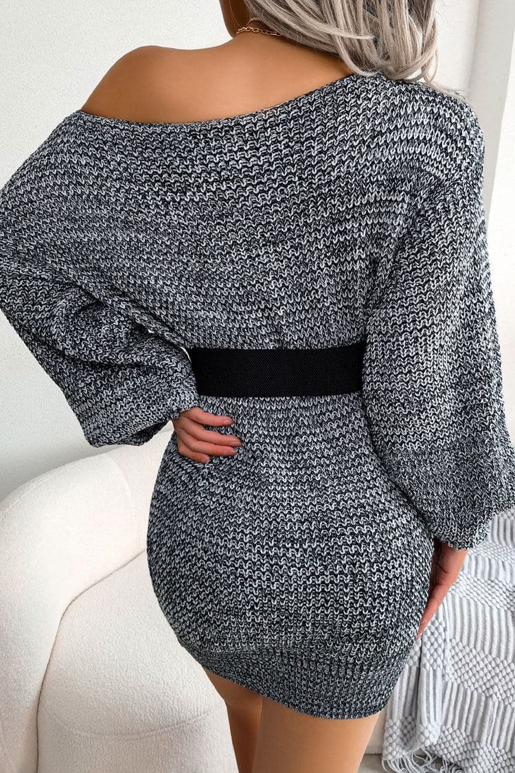 Retro Boat Neck Long Sleeve Marled Knit Sweater Mini Dress - Black