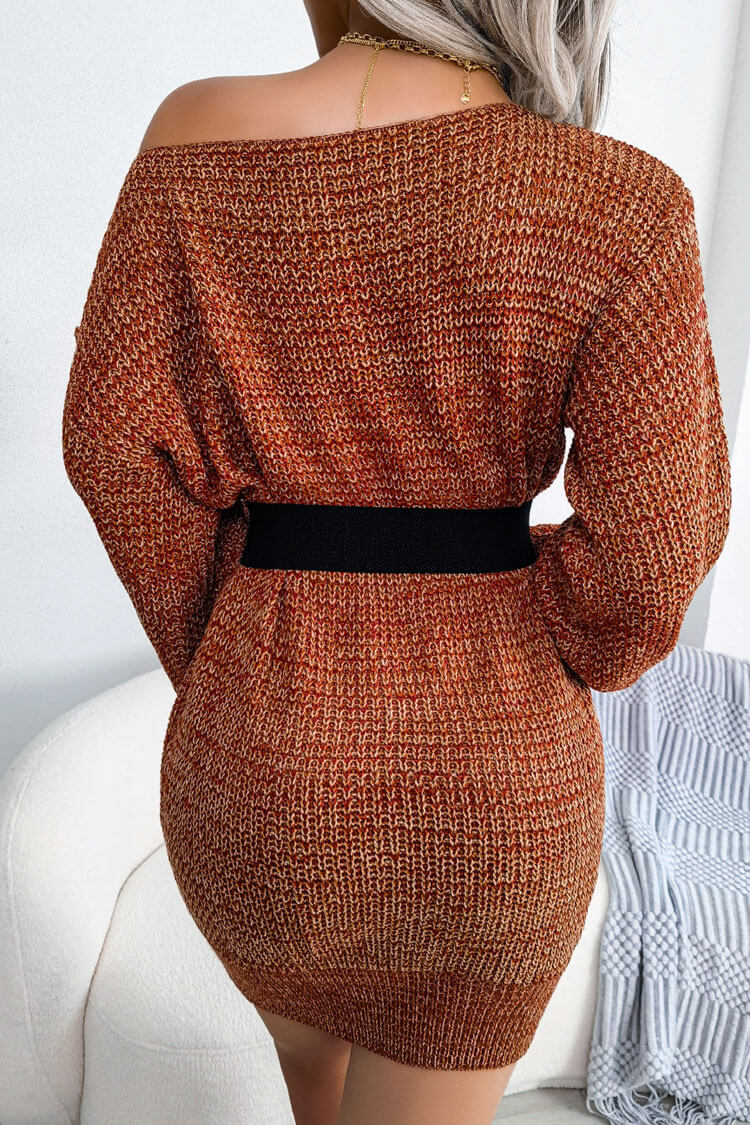 Timeless Boat Neck Long Sleeve Marled Knit Sweater Mini Dress - Coffee
