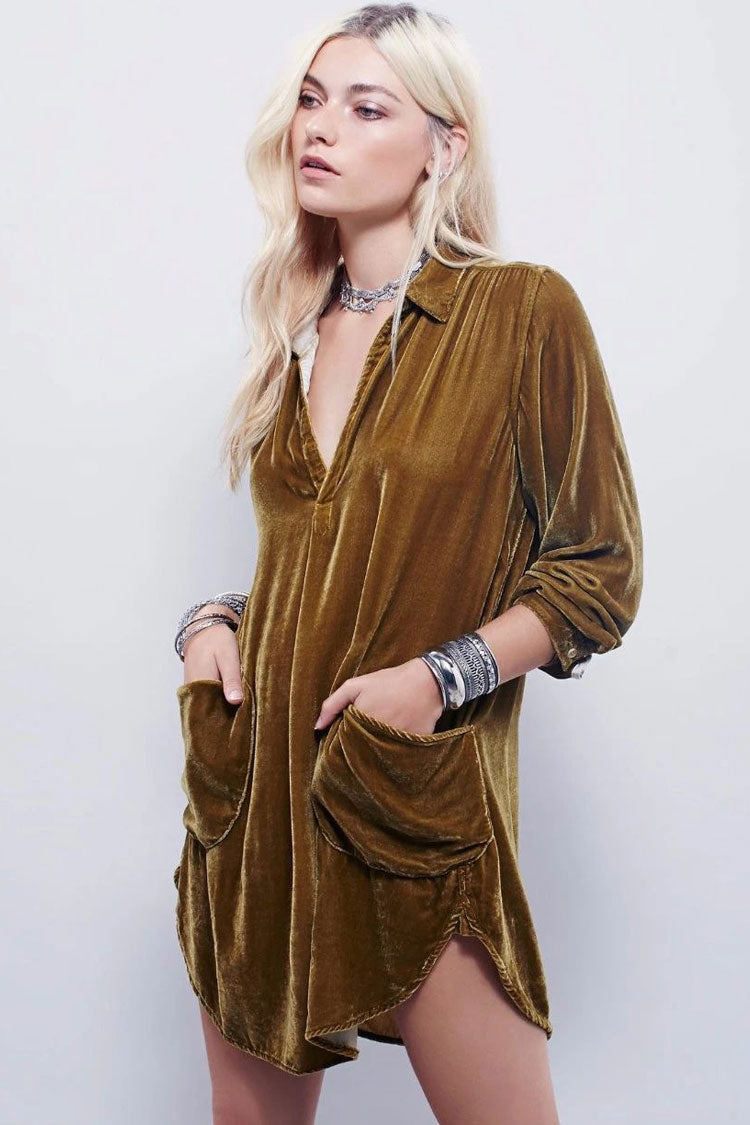 Classic Collared V Neck Long Sleeve Velvet Mini Dress - Khaki